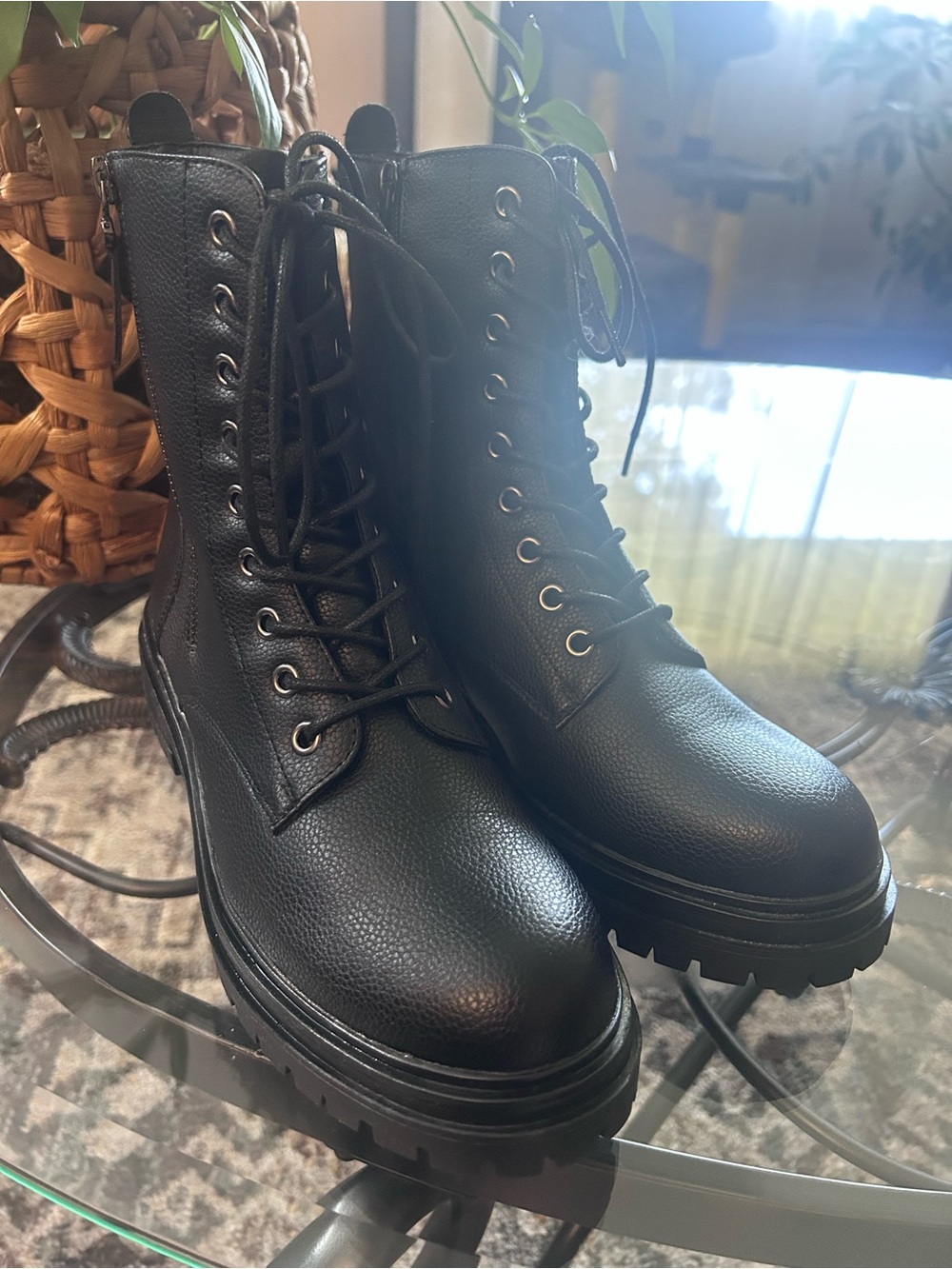 ID Required Women's Black Lace-Up Combat Boots with Lug Sole